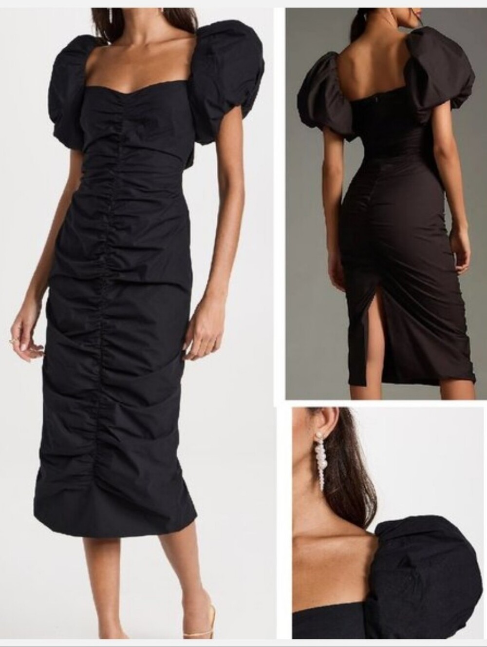 NWT RHODE Tessa midi dress featuring ruched detailing and puff sleeves Size 2